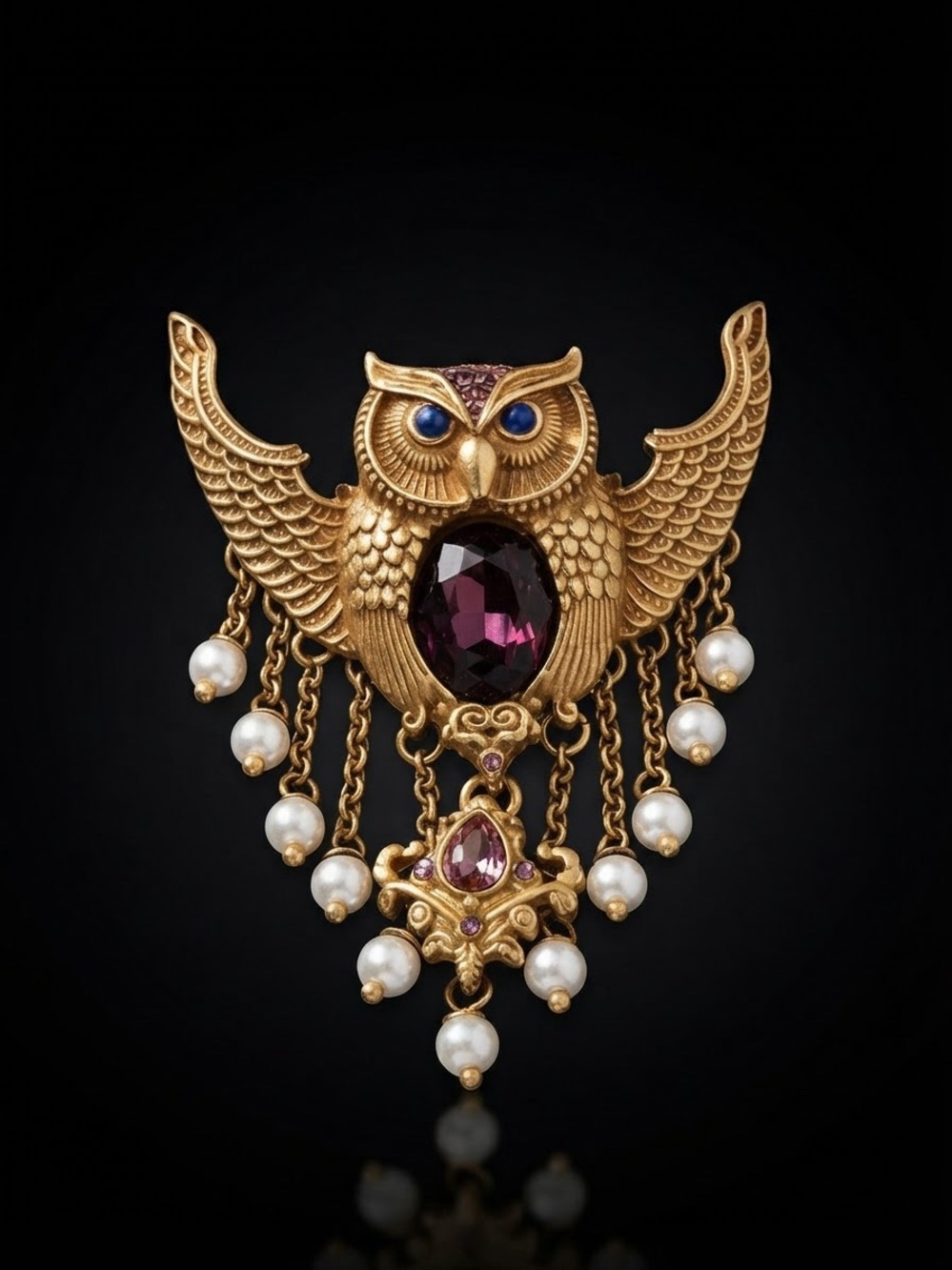 Stunning Gold Owl Brooch with Purple and Blue Accents